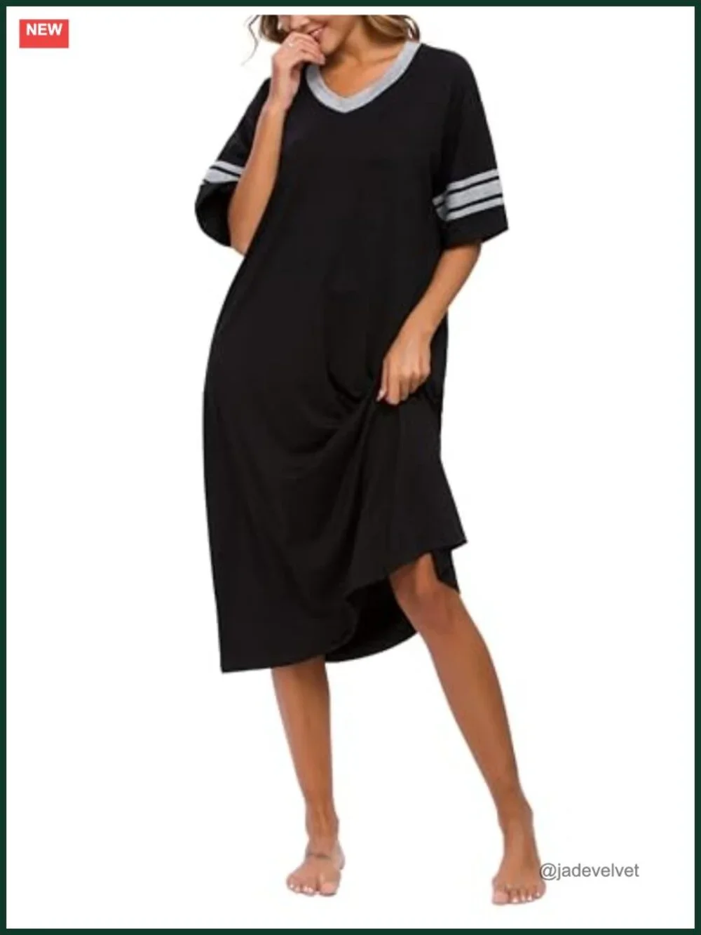Full Length Nightgown V Neck Knit Soft with Pockets S-XXL